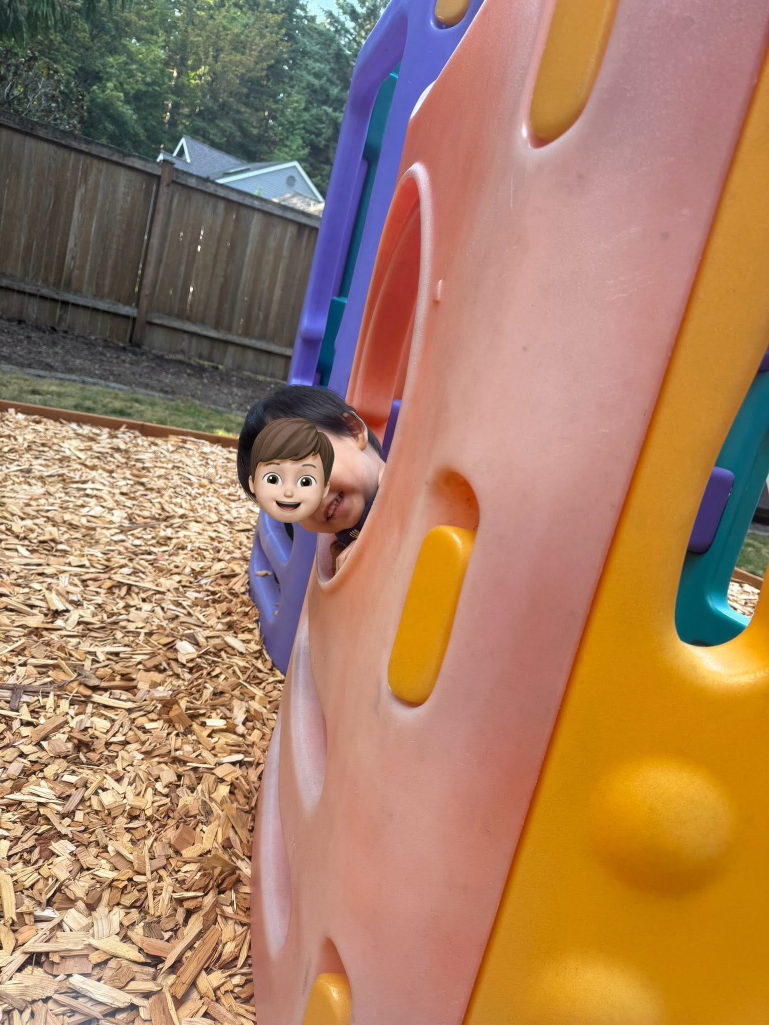 Panda Bear Childcare — child peeking through colorful playground structure
